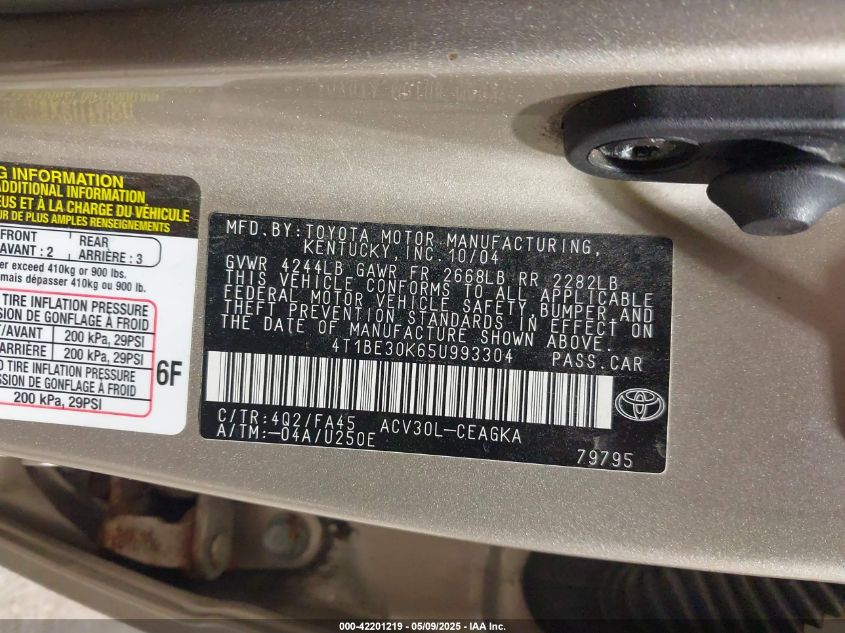 2005 Toyota Camry Xle VIN: 4T1BE30K65U993304 Lot: 42201219