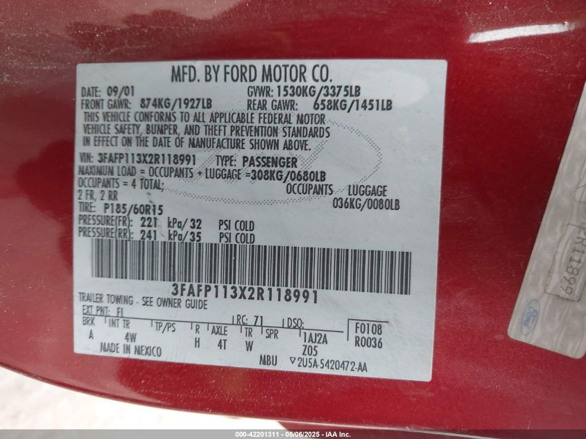 2002 Ford Escort Zx2 VIN: 3FAFP113X2R118991 Lot: 42201311