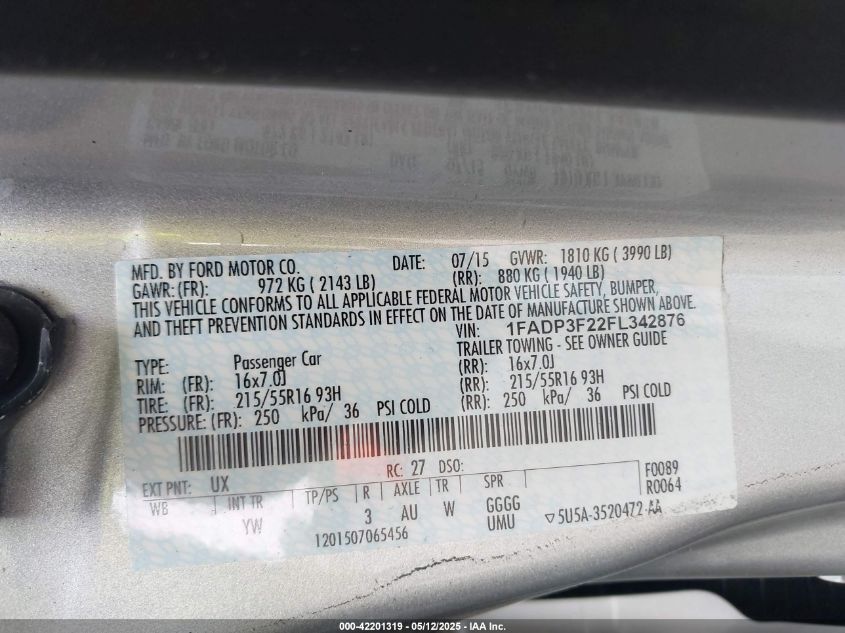 2015 Ford Focus Se VIN: 1FADP3F22FL342876 Lot: 42201319