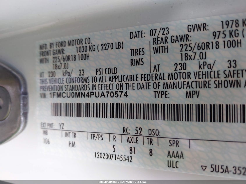 VIN 1FMCU0MN4PUA70574 2023 FORD ESCAPE ST-LINE
