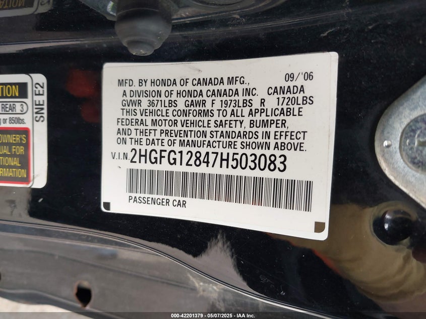2007 HONDA CIVIC VIN: 2HGFG12847H503083