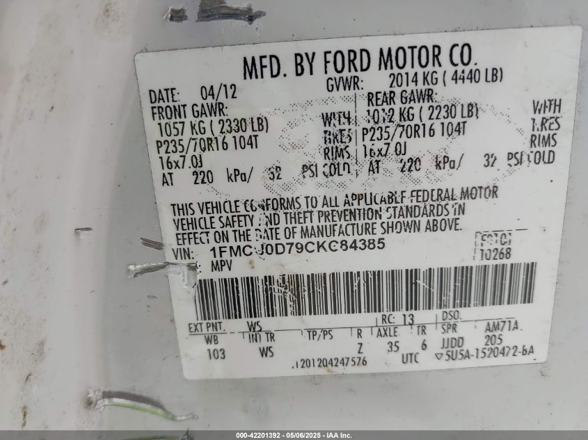 2012 Ford Escape Xlt VIN: 1FMCU0D79CKC84385 Lot: 42201392