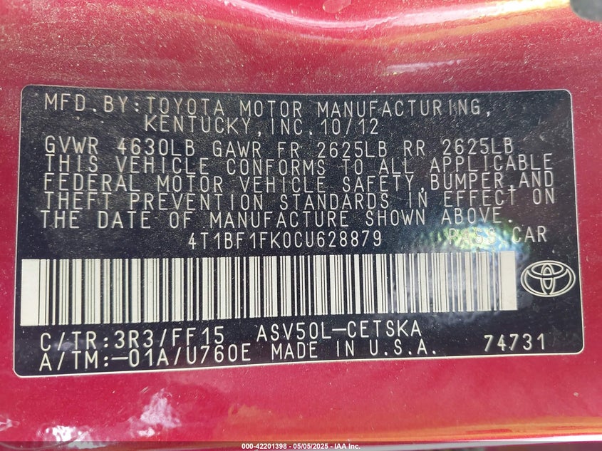 2012 TOYOTA CAMRY VIN: 4T1BF1FK0CU628879
