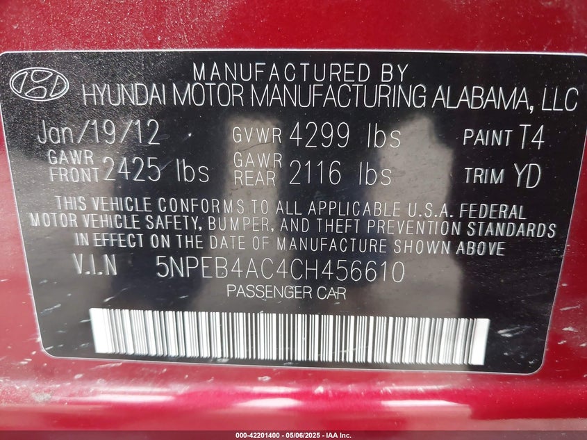 2012 HYUNDAI SONATA VIN: 5NPEB4AC4CH456610