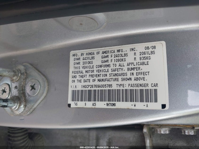 2009 HONDA ACCORD VIN: 1HGCP26769A005785