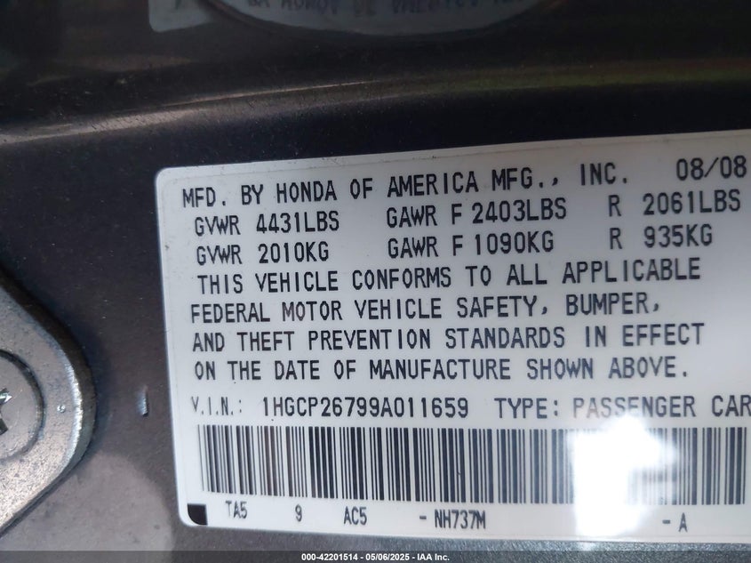 2009 HONDA ACCORD VIN: 1HGCP26799A011659
