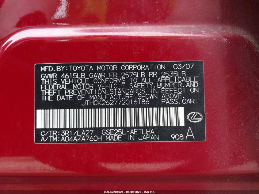 2007 Lexus Is 250 VIN: JTHCK262772016186 Lot: 42201625