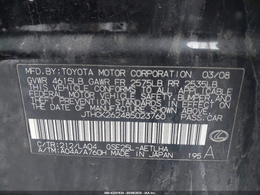 2008 LEXUS IS 250 VIN: JTHCK262485023760