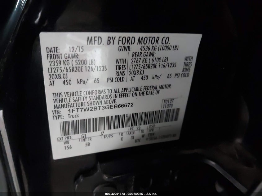 2016 Ford F-250 Lariat VIN: 1FT7W2BT3GEB66672 Lot: 42201673