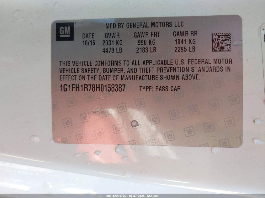 2017 Chevrolet Camaro 2Ss VIN: 1G1FH1R78H0158387 Lot: 42201702