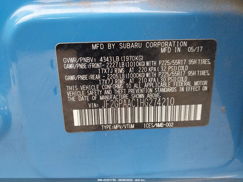 VIN JF2GPAAC1HG274210 2017 SUBARU CROSSTREK 2.0I