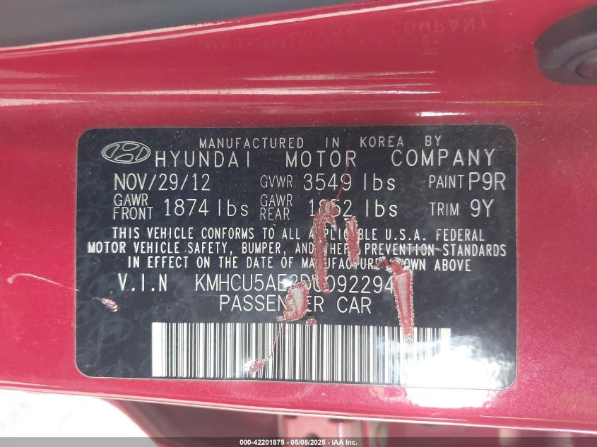 2013 Hyundai Accent Se VIN: KMHCU5AE2DU092294 Lot: 42201875