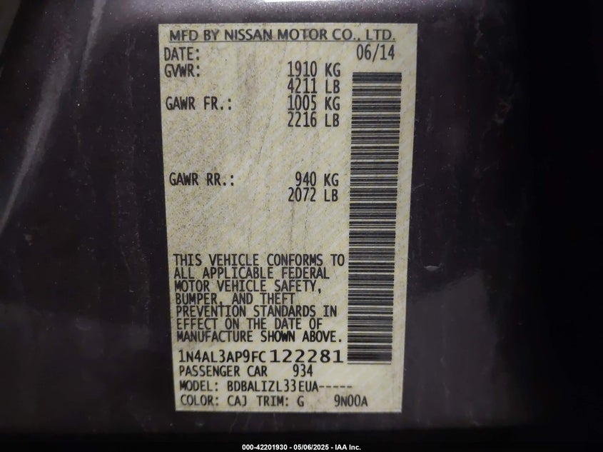 2015 NISSAN ALTIMA VIN: 1N4AL3AP9FC122281