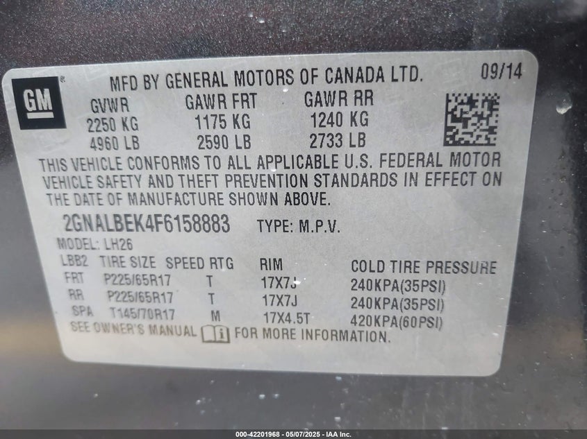 2015 CHEVROLET EQUINOX VIN: 2GNALBEK4F6158883