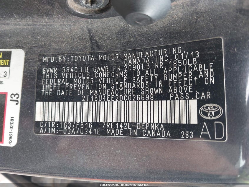 2013 TOYOTA COROLLA VIN: 2T1BU4EE2DC026698