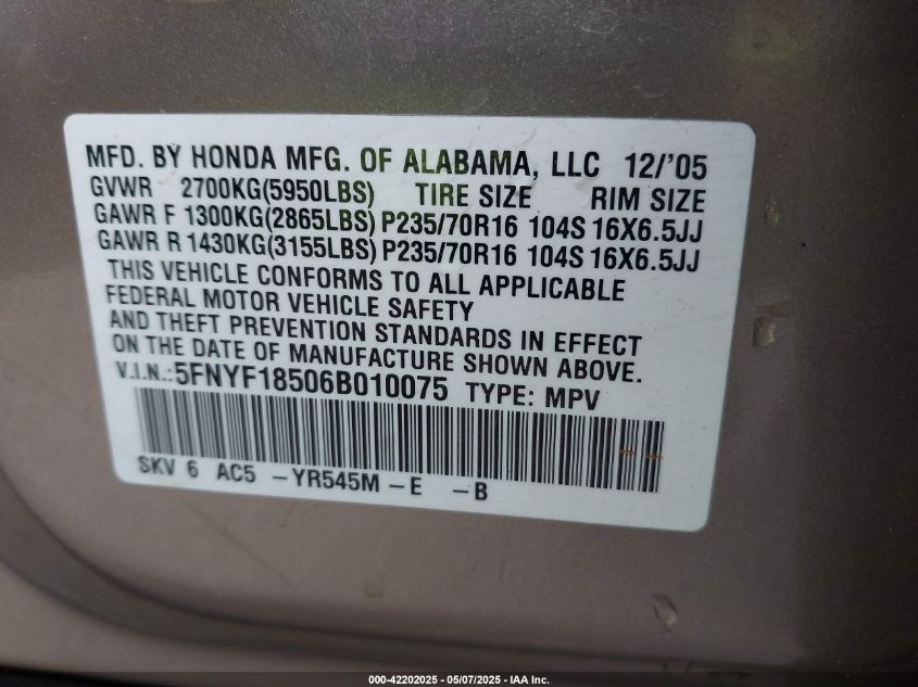 2006 Honda Pilot Ex-L VIN: 5FNYF18506B010075 Lot: 42202025