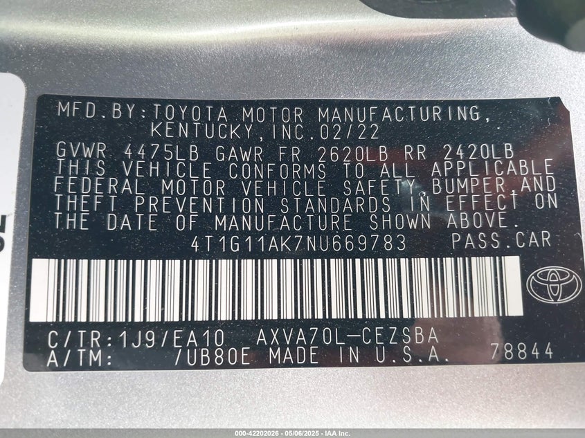 2022 TOYOTA CAMRY VIN: 4T1G11AK7NU669783