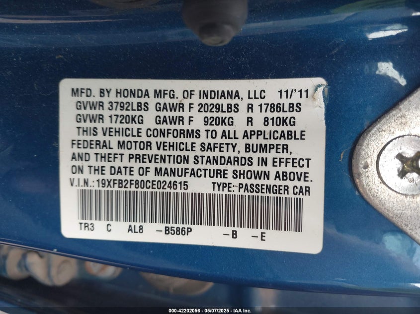 2012 HONDA CIVIC VIN: 19XFB2F80CE024615