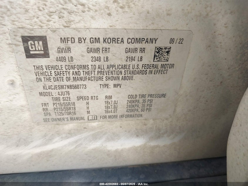 2022 BUICK ENCORE VIN: KL4CJESM7NB560773