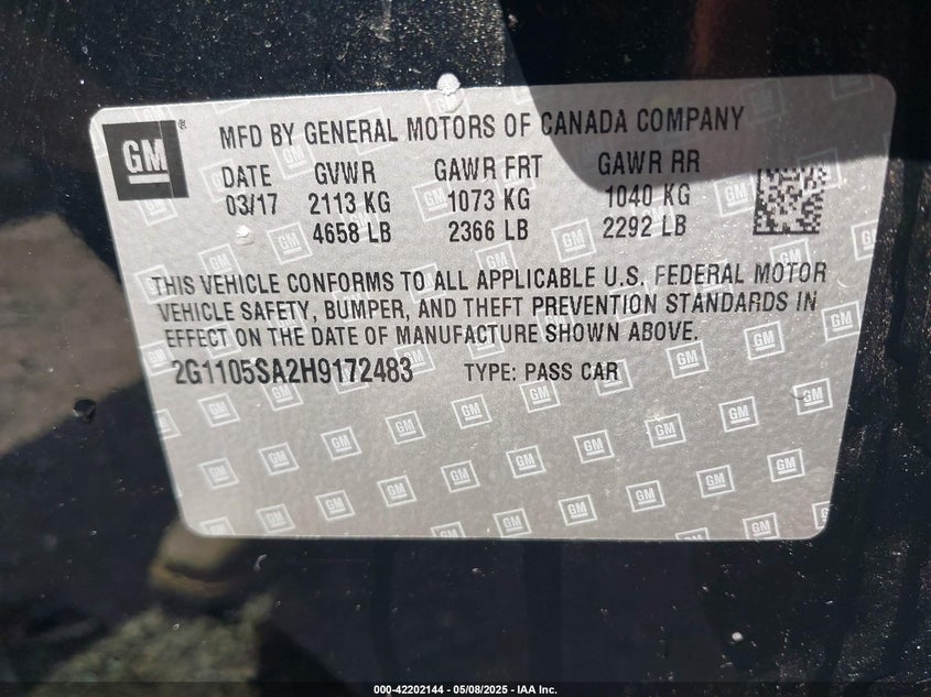 2017 CHEVROLET IMPALA VIN: 2G1105SA2H9172483