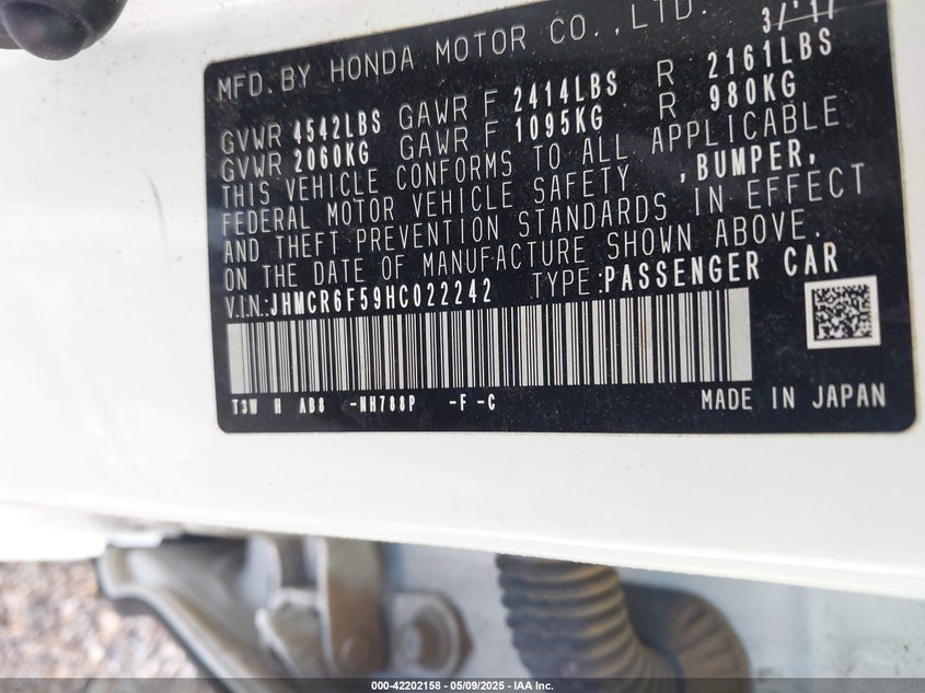2017 HONDA ACCORD HYBRID VIN: JHMCR6F59HC022242