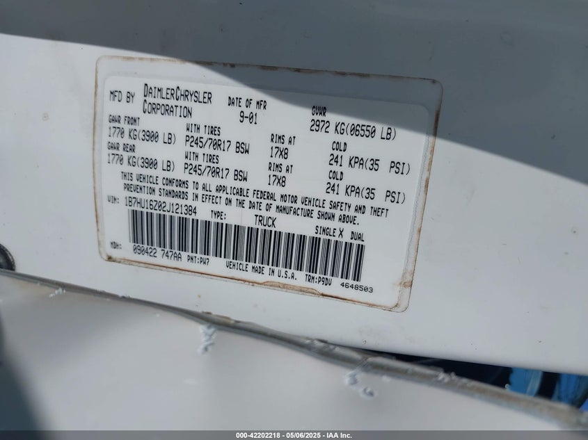 2002 Dodge Ram 1500 St VIN: 1B7HU16Z02J121384 Lot: 42202218