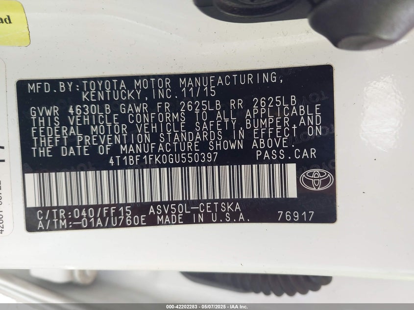 2016 TOYOTA CAMRY VIN: 4T1BF1FK0GU550397