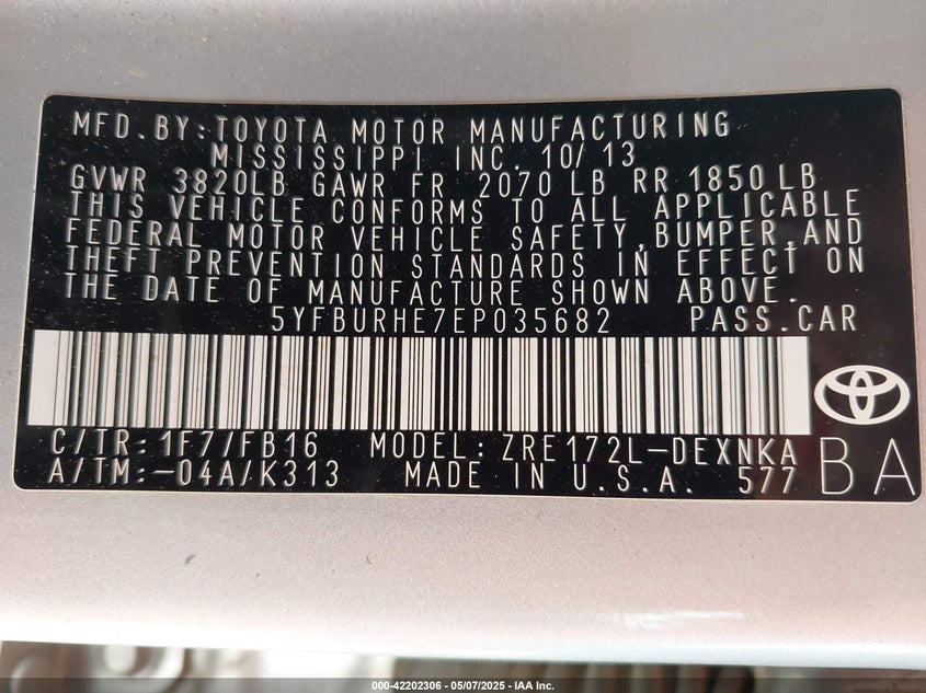 2014 TOYOTA COROLLA VIN: 5YFBURHE7EP035682