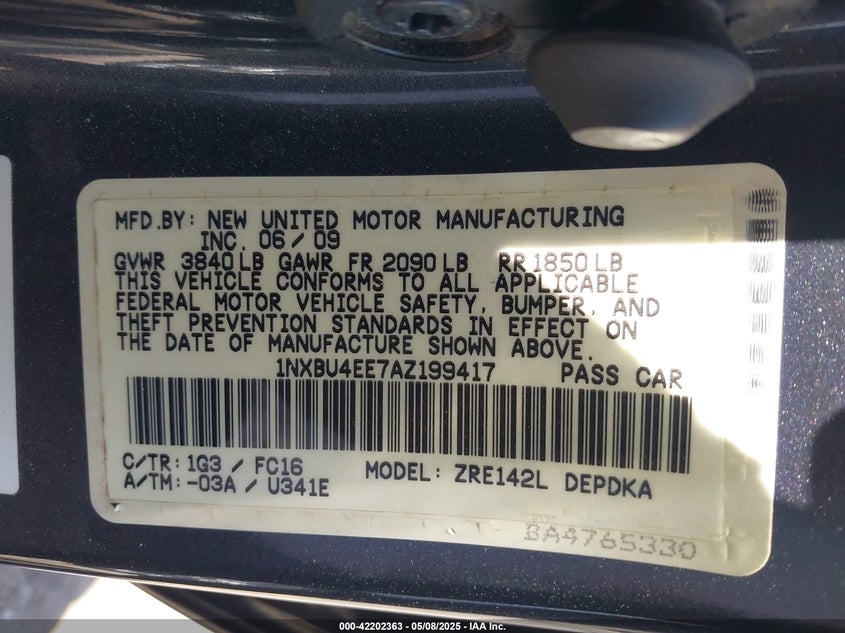 2010 TOYOTA COROLLA VIN: 1NXBU4EE7AZ199417