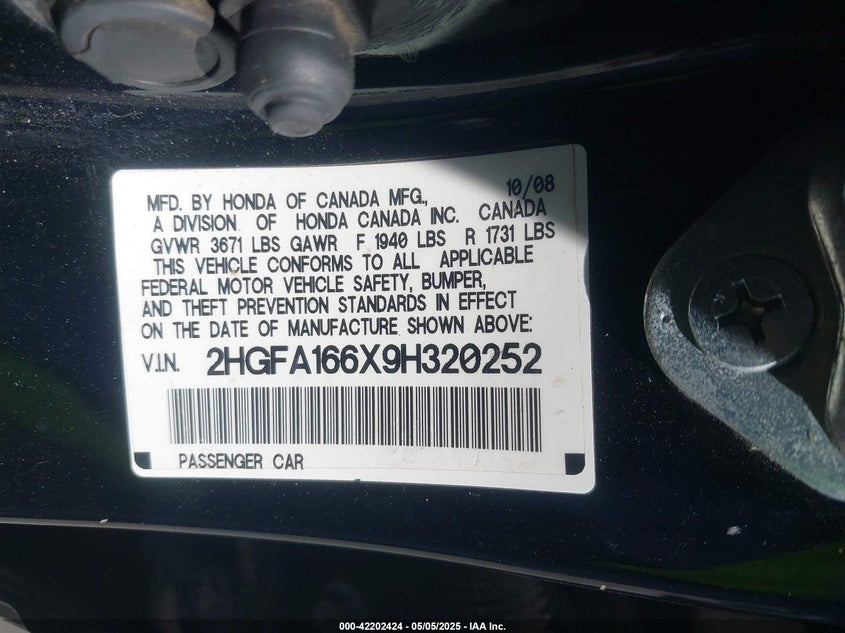 2009 Honda Civic Lx-S VIN: 2HGFA166X9H320252 Lot: 42202424