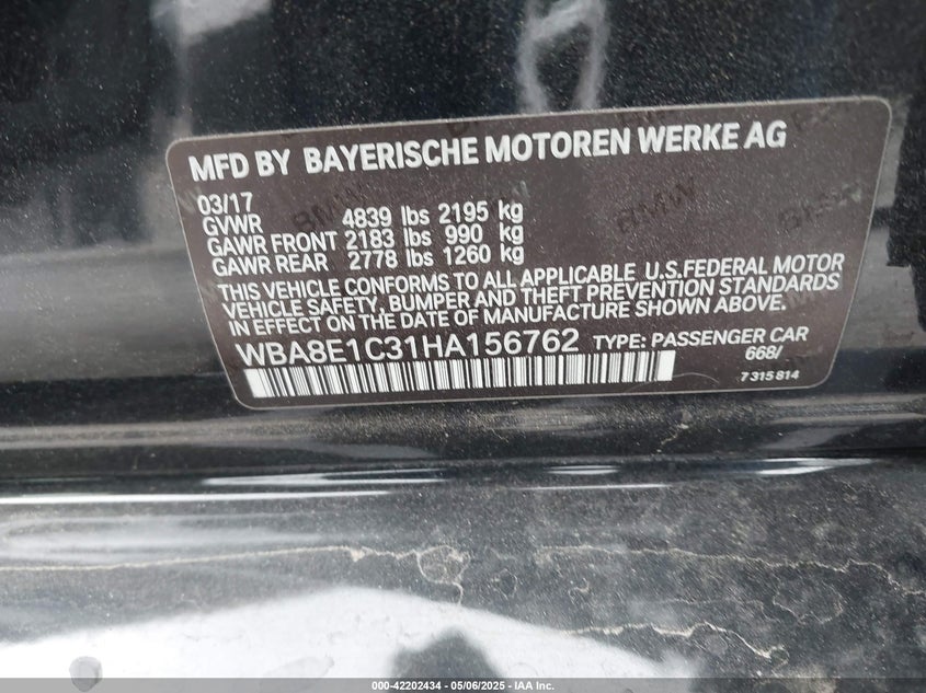 2017 BMW 330E IPERFORMANCE - WBA8E1C31HA156762