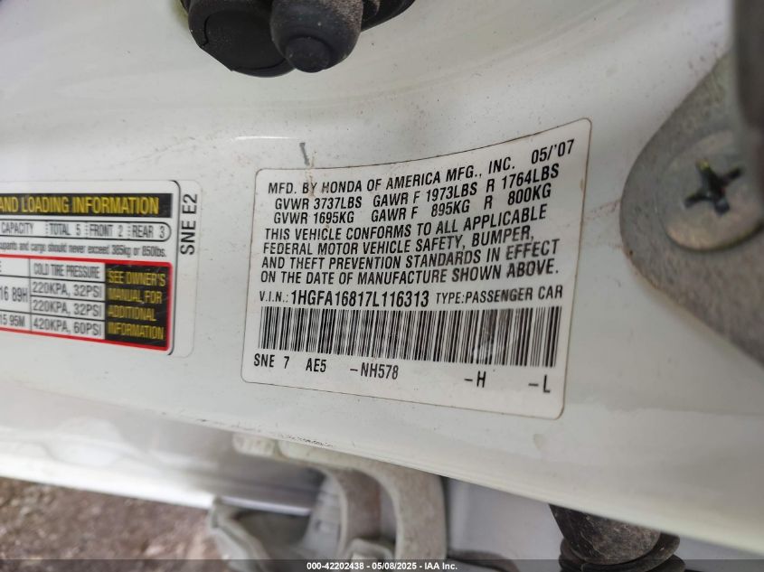2007 Honda Civic Ex VIN: 1HGFA16817L116313 Lot: 42202438