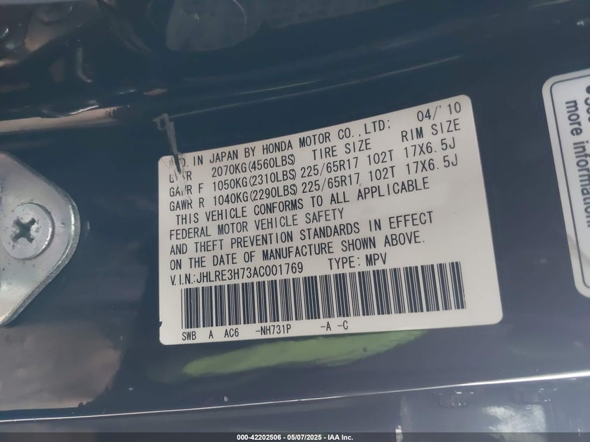 2010 HONDA CR-V VIN: JHLRE3H73AC001769
