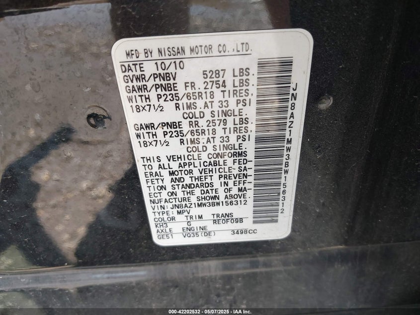2011 NISSAN MURANO VIN: JN8AZ1MW3BW156312