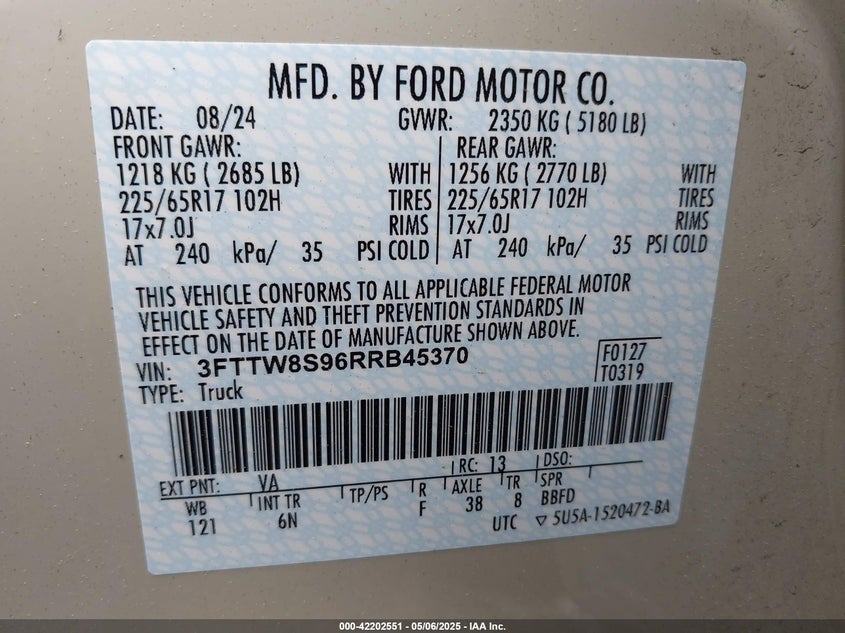 2024 FORD MAVERICK VIN: 3FTTW8S96RRB45370