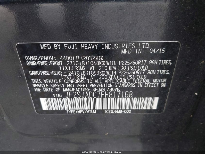2015 Subaru Forester 2.5I Premium VIN: JF2SJADC7FH817168 Lot: 42202561