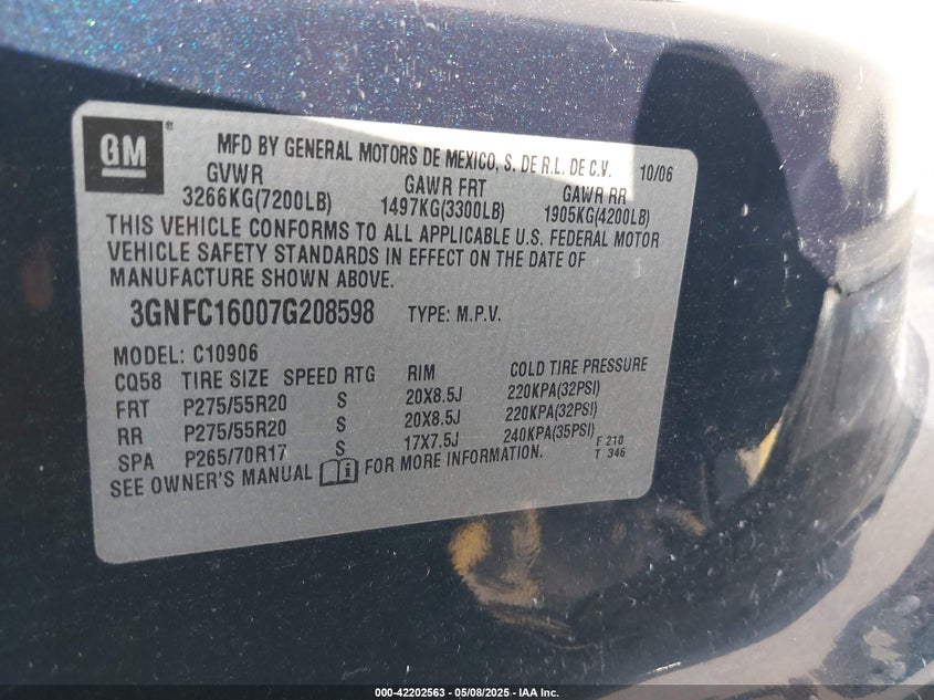 2007 CHEVROLET SUBURBAN 1500 VIN: 3GNFC16007G208598