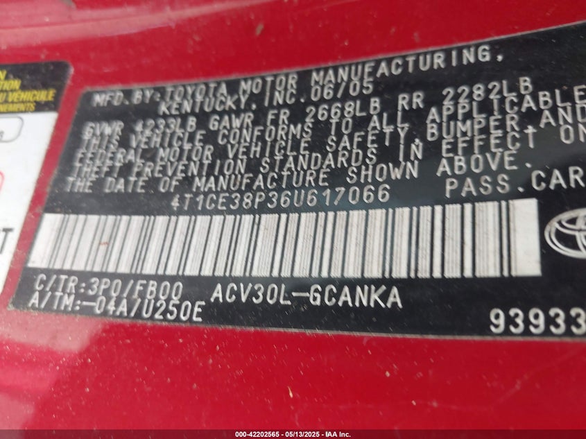 2006 TOYOTA CAMRY SOLARA VIN: 4T1CE38P36U617066