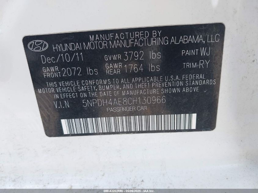 2012 Hyundai Elantra Limited VIN: 5NPDH4AE8CH130966 Lot: 42202590