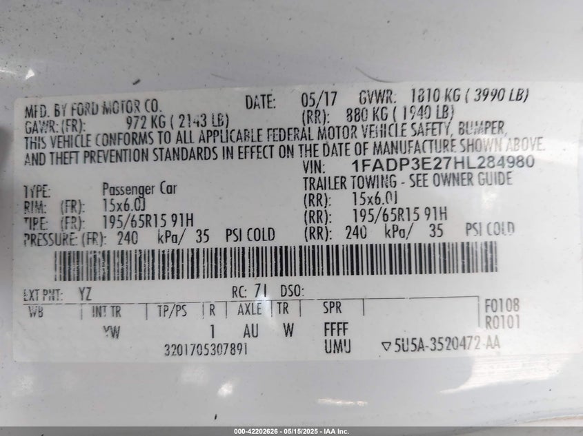 2017 FORD FOCUS VIN: 1FADP3E27HL284980