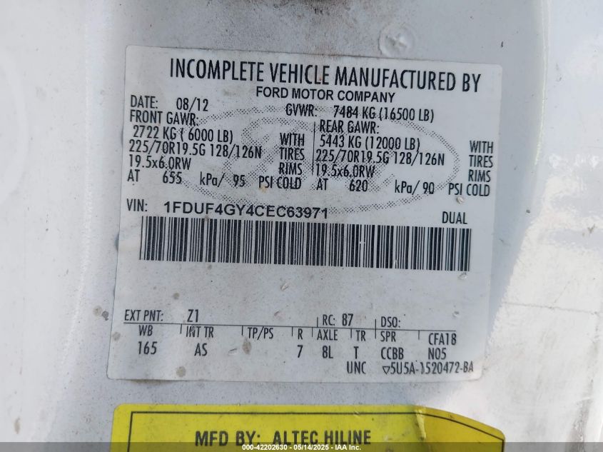 2012 Ford F-450 Chassis Xl VIN: 1FDUF4GY4CEC63971 Lot: 42202630