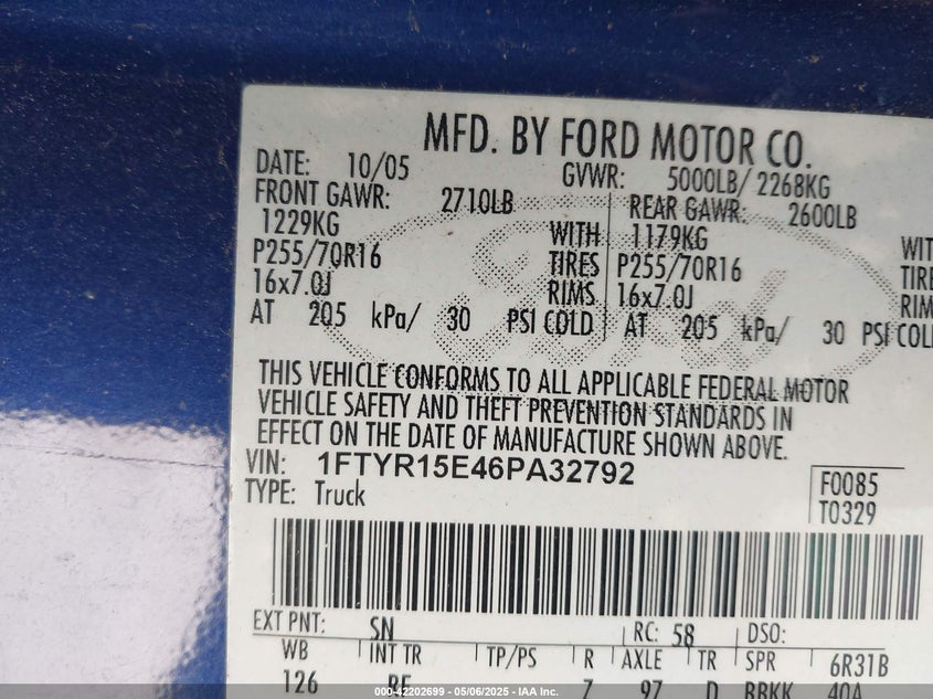 2006 FORD RANGER VIN: 1FTYR15E46PA32792