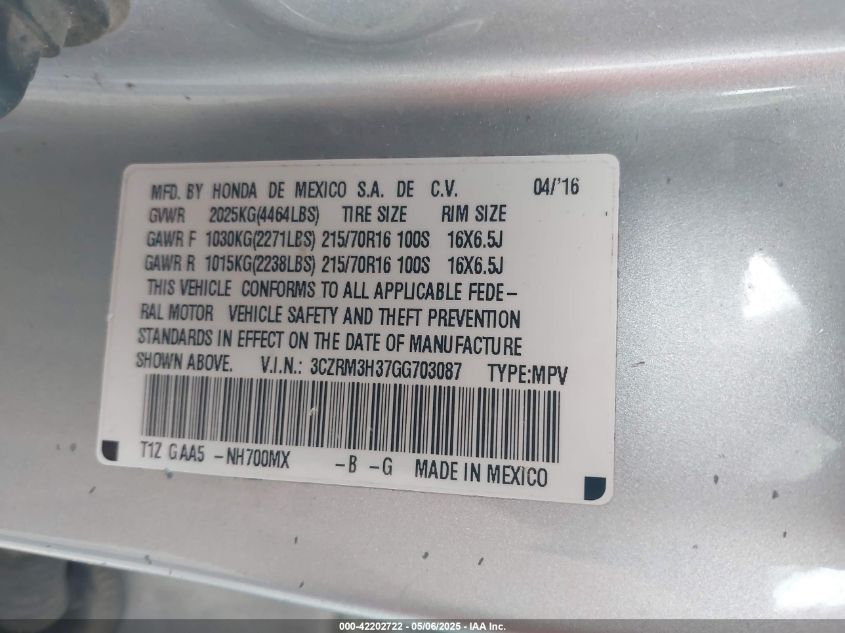 2016 Honda Cr-V Lx VIN: 3CZRM3H37GG703087 Lot: 42202722