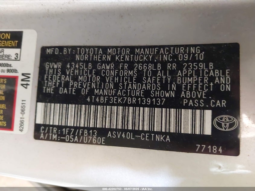 2011 TOYOTA CAMRY VIN: 4T4BF3EK7BR139137