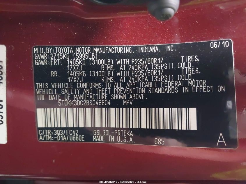 2011 Toyota Sienna Le V6 VIN: 5TDKK3DC2BS048804 Lot: 42202812