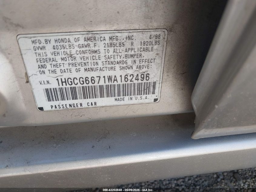 1998 Honda Accord Ex VIN: 1HGCG6671WA162496 Lot: 42202848