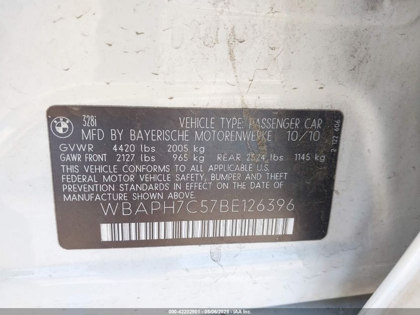 2011 BMW 328I VIN: WBAPH7C57BE126396 Lot: 42202901