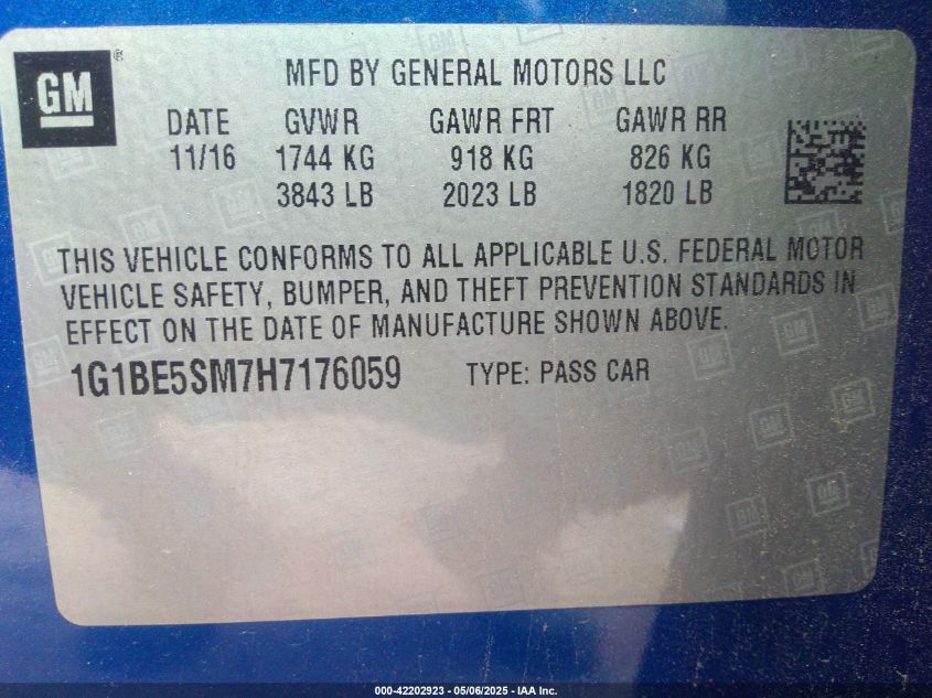 2017 Chevrolet Cruze Lt Auto VIN: 1G1BE5SM7H7176059 Lot: 42202923