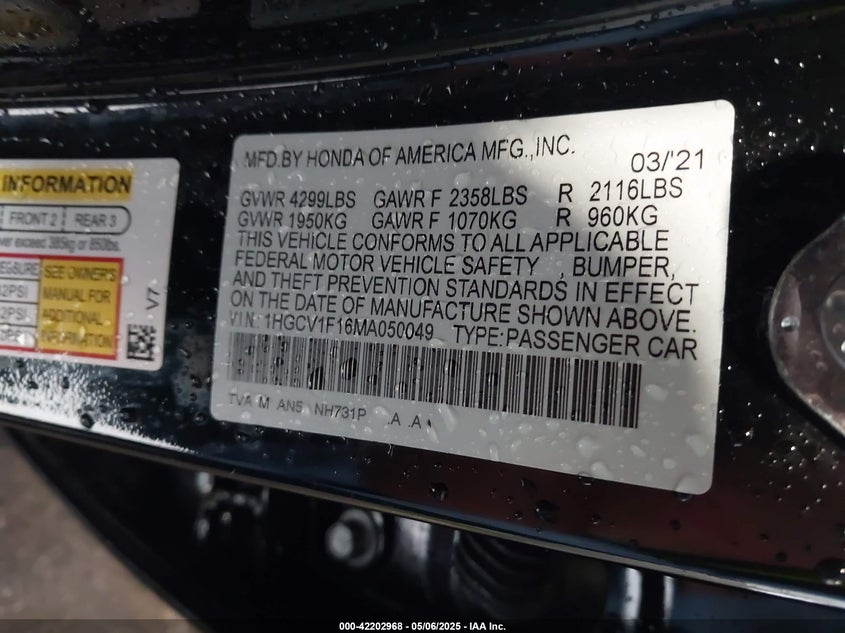 2021 HONDA ACCORD VIN: 1HGCV1F16MA050049