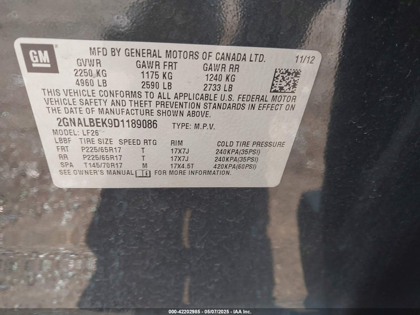 2013 CHEVROLET EQUINOX VIN: 2GNALBEK9D1189086